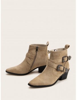 Double Buckle Decor Side Zip Ankle Boots