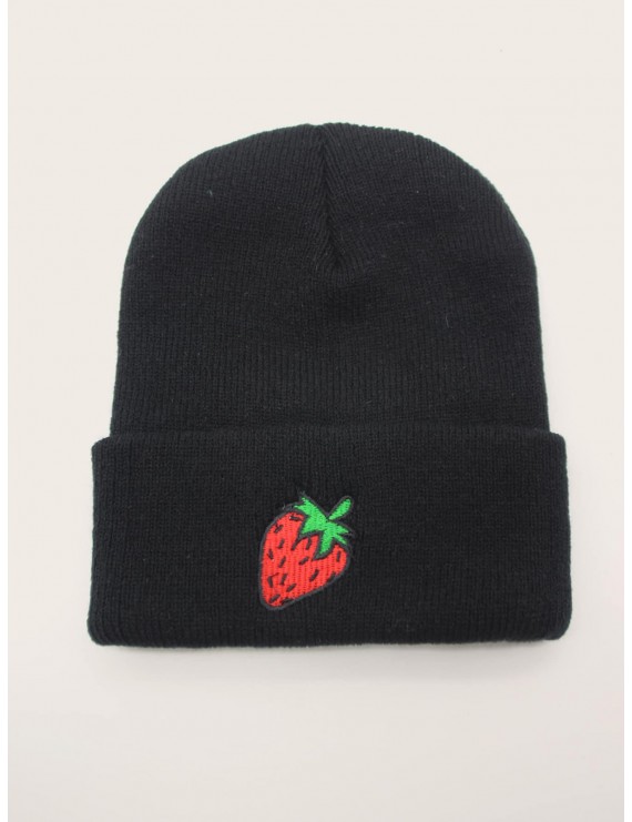 Strawberry Embroidery Cuffed Beanie Hat