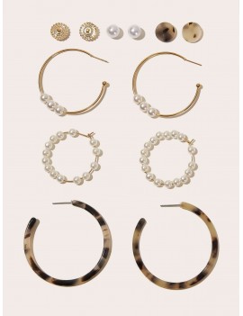 Faux Pearl Decor Hoop Earrings Set 6pairs