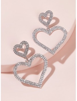 1pair Rhinestone Double Heart Dangle Earrings