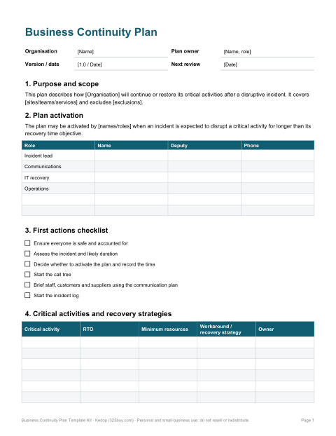 Preview of the first page of Business continuity plan