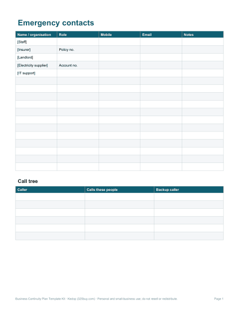 Preview of the first page of Emergency contacts & call tree