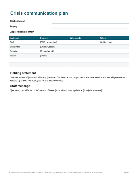 Preview of the first page of Crisis communication plan